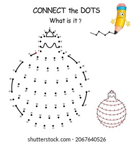 Connect the dots by numbers to draw the christmas Ball. Dot to dot Education Game and Coloring Page with cartoon New Year Toy. Logic Game for Kids. Education card for kid learning counting number.