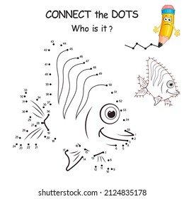 Connect the dots by numbers to draw the animal. Dot to dot Education Game and Coloring Page with cartoon cute ocean fish character. Logic Game for Kids. Education card for kid learning counting number