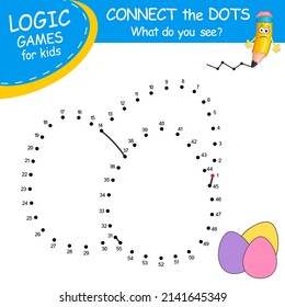 Connect the dots by numbers to draw the Easter Eggs. Dot to dot Education Game and Coloring Page with cartoon cute Eggs. Logic Games with answer. Education card for kids learning counting numbers.