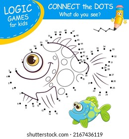 Conecte los puntos por números para dibujar el pescado exótico. Punto a punto Juego de Educación y página de Coloreo con caricatura lindo Pescado. Juegos Lógicos con respuesta. Tarjeta de educación para los niños que aprenden a contar números.