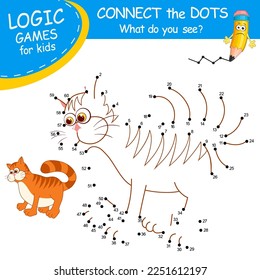 Connect the dots by numbers to draw the Cat. Dot to dot Education Game and Coloring Page with cartoon cute Kitten character. Logic Games with answer. Education card for kids learning counting number.