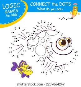 Connect the dots by numbers to draw the tropical Fish. Dot to dot Education Game and Coloring Page with cartoon funny Fish. Logic Games with answer. Education card for kids learning counting numbers.