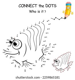 Connect the dots by numbers to draw the Fish. Dot to dot Education Game and Coloring Page with cartoon cute sea fish character. Logic Game for Kids. Education card for kid learning counting number.