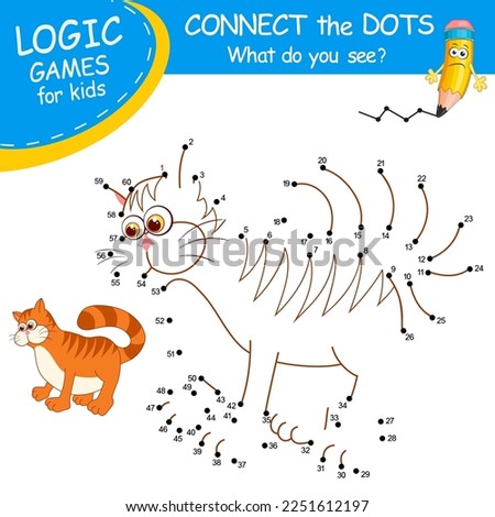 Connect the dots by numbers to draw the Cat. Dot to dot Education Game and Coloring Page with cartoon cute Kitten character. Logic Games with answer. Education card for kids learning counting number.