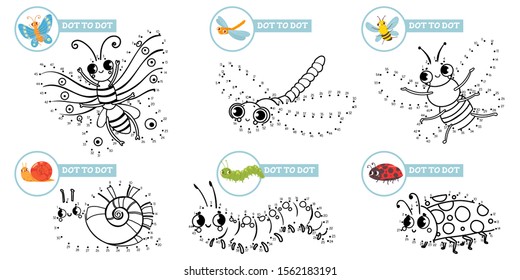 Connect dots cartoon insects game. Cute insect dot to dot education games for toddlers, play with preschool kids. Dotted insects picture meditating game. Isolated vector illustration icons set