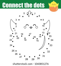 Connect the dots children educational drawing game. Dot to dot by numbers for kids. Printable Easter worksheet activity for toddlers with cute chicken