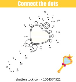 Connect the dots children educational drawing game. Dot to dot by numbers game for kids. Printable worksheet activity for toddlers with princess mirror