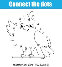 Connect the dots children educational drawing game. Dot to dot by numbers game for kids. Printable worksheet activity for toddlers with cartoon parrot