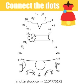 Connect the dots children educational drawing game. Dot to dot by numbers game for kids. Printable activity for girls with fashion dress