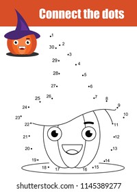 Connect The Dots Children Educational Drawing Game. Dot To Dot By Numbers Game For Kids. Halloween Theme Printable Activity For Toddlers.