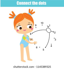 Connect the dots children educational drawing game. Dot to dot by numbers game for kids. Summer holidays theme printable activity for toddlers