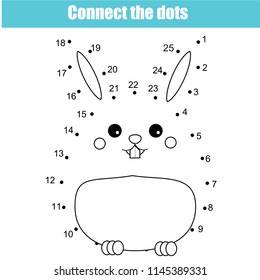 Connect the dots children educational drawing game. Dot to dot by numbers game for kids. Printable worksheet activity for toddlers with cute bunny rabbit