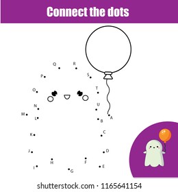 Connect the dots children educational drawing game. Dot to dot by letters game for kids. Halloween theme printable activity for toddlers. Learning alphabet