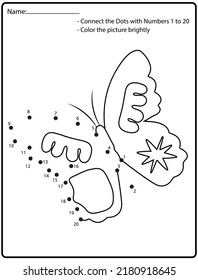 Connect the dots children educational drawing game. .Numbers activity for kids and toddlers. with butterfly