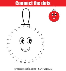 Connect the dots children educational drawing game. Dot to dot by numbers game for kids. Christmas, winter holidays theme. Printable worksheet activity with christmas ball