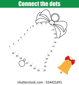 Connect The Dots Children Educational Drawing Game. Dot To Dot By Numbers Game For Kids. Christmas, Winter Holidays Theme. Printable Worksheet Activity With Christmas Bell