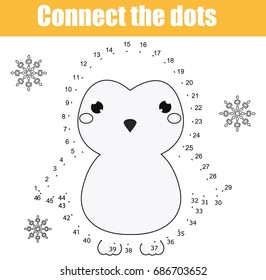 Connect the dots children educational drawing game. Dot to dot by numbers game for kids. Animals theme. Printable worksheet activity with cute penguin