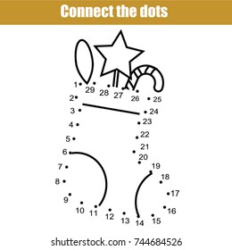 Connect the dots children educational drawing game. Dot to dot by numbers game for kids. Printable worksheet activity for New Year, Christmas holidays theme