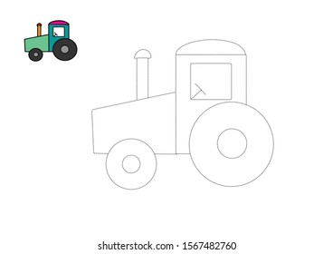 Connect the dots. Children educational game. Printable worksheet activity. Handwriting practice. Coloring page with machine. Tractor.