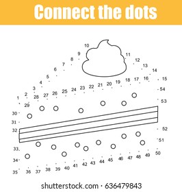 Connect the dots children educational game. Dot to dot by numbers game for kids. Food theme. Printable worksheet. Drawing activity. Cake