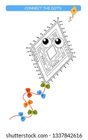 Connect the dots and color. Cute flying kite. Cartoon vector Illustration of educational game. 