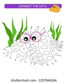 Connect the dots and color. Cute shell. Cartoon vector Illustration of educational game. 