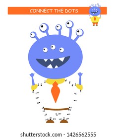 Connect the dots and color. Funny monster. Cartoon vector Illustration of educational game.