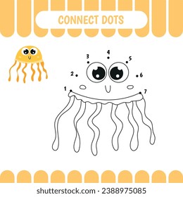 Connect dots and color Jellyfish. Dot to dot activity worksheet for kids.  Vector Illustration.