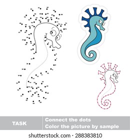 Connect dots and color the picture. Blue seahorse. Dot to dot. Find hidden personage. Kid game. Page to be color. For children play. Task and answer.