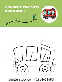 Connect The Dots And Color. Tiny Red Bus. Vector EPS 10