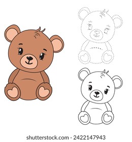 Conecte los puntos y la página de color. Gracioso Libro de Rastreo y Coloración de Osos con Ejemplo. Hoja de trabajo preescolar para la práctica y la habilidad de reconocimiento de colores. Ilustración de dibujos animados para niños.