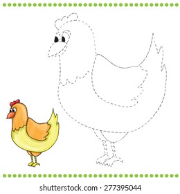Connect the dots and coloring page of funny farm chicken