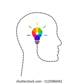 Connect the dots concept with head silhouette. Lightbulb made of colors as creative thinking metaphor.