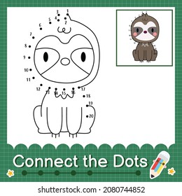 Connect the dots counting numbers 1 to 20 puzzle worksheet with cute baby animal Sloth