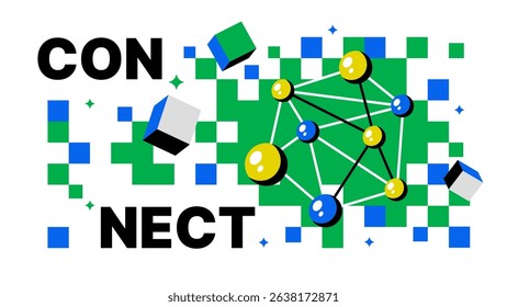 Connect the Dots Design-Network Nodes with Green-Blue Pixel Pattern for Technology, Teams, and Collaboration