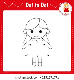 Connect the dots. Doll. Dot to dot educational game. Coloring book for preschool kids activity worksheet. Vector Illustration.