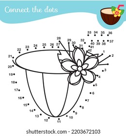 Connect the dots. Dot to dot by numbers activity for kids and toddlers. Children educational game. Draw coconut cocktail.