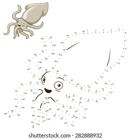 Connect the dots to draw the animal educational game for children squid vector illustration