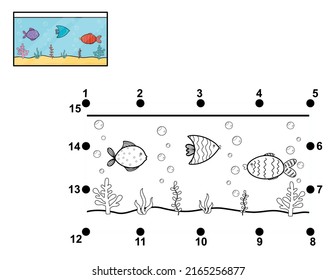 Connect the dots and draw an aquarium activity. Dot to dot game for kids. Learning rectangle shape worksheet. Vector illustration