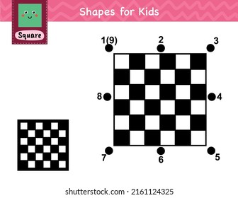 Connect the dots and draw a chess board. Dot to dot number game for kids. Learning square shape activity page for preschool. Puzzle template for children. Vector illustration