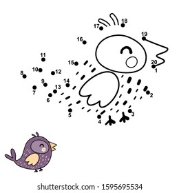 Connect the dots, draw and color a funny bird. Educational activity of learning numbers for kids. Vector illustration