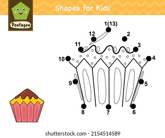 Conecta los puntos y dibuja un bizcocho. Juego de números punto a punto para niños. Aprender página de actividad de la forma del pentágono para preescolar. Plantilla de rompecabezas para niños. Ilustración del vector