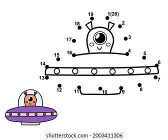 Connect the dots and draw a cute alien in flying saucer. Space dot to dot game. Educational page for kids. Vector illustration