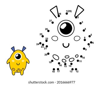 Connect the dots and draw a cute alien character. Join the numbers activity page with funny monster. Dot to dot educational game for kids. Vector illustration