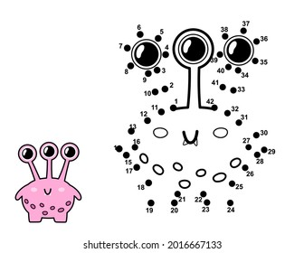 Connect the dots and draw a cute alien character. Join the numbers activity page with funny monster. Dot to dot educational game for kids. Vector illustration