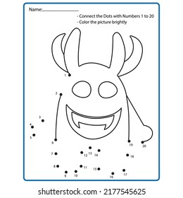Conecta los puntos y dibuja un lindo personaje alienígena, Punto a punto juego educativo para los niños. Actividad educativa infantil preescolar.