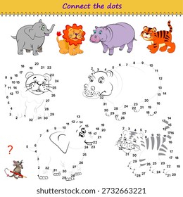 Connect the dots and draw the cute animals. Trace the line between numbers. Set of logic puzzle games for kids. Coloring book. Develop counting skills. Activity sheet. Hand drawn vector illustration.
