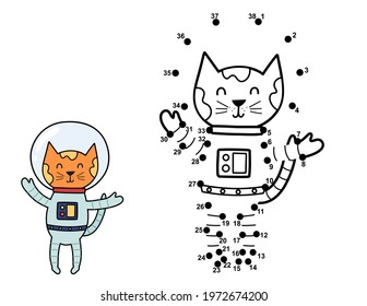 Connect the dots and draw a cute astronaut cat. Space dot to dot number game. Activity page for kids. Educational worksheet. Vector illustration