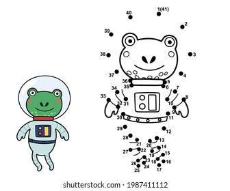 Connect the dots and draw a cute astronaut frog. Space dot to dot game. Educational page for kids. Vector illustration