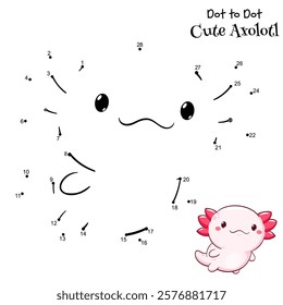 Connect The Dots and Draw cute axolotl. Dot to dot puzzle with cartoon little animal. Educational Game for Kids. Drawing for Preschool children. Vector Illustration EPS8